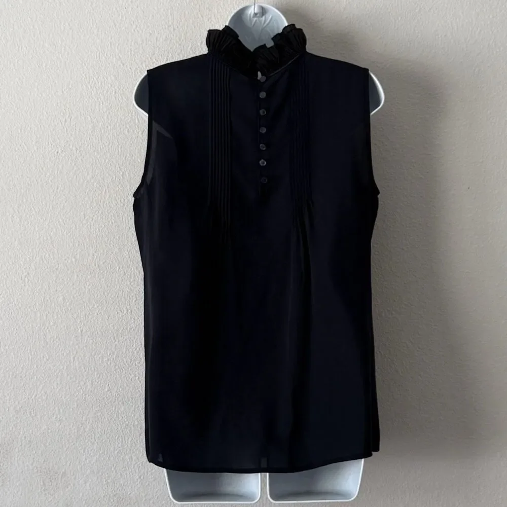 Tory Burch Silk Tuxedo Top Size 8 Dark Blue Ruffle Collar Academia Goth Blouse